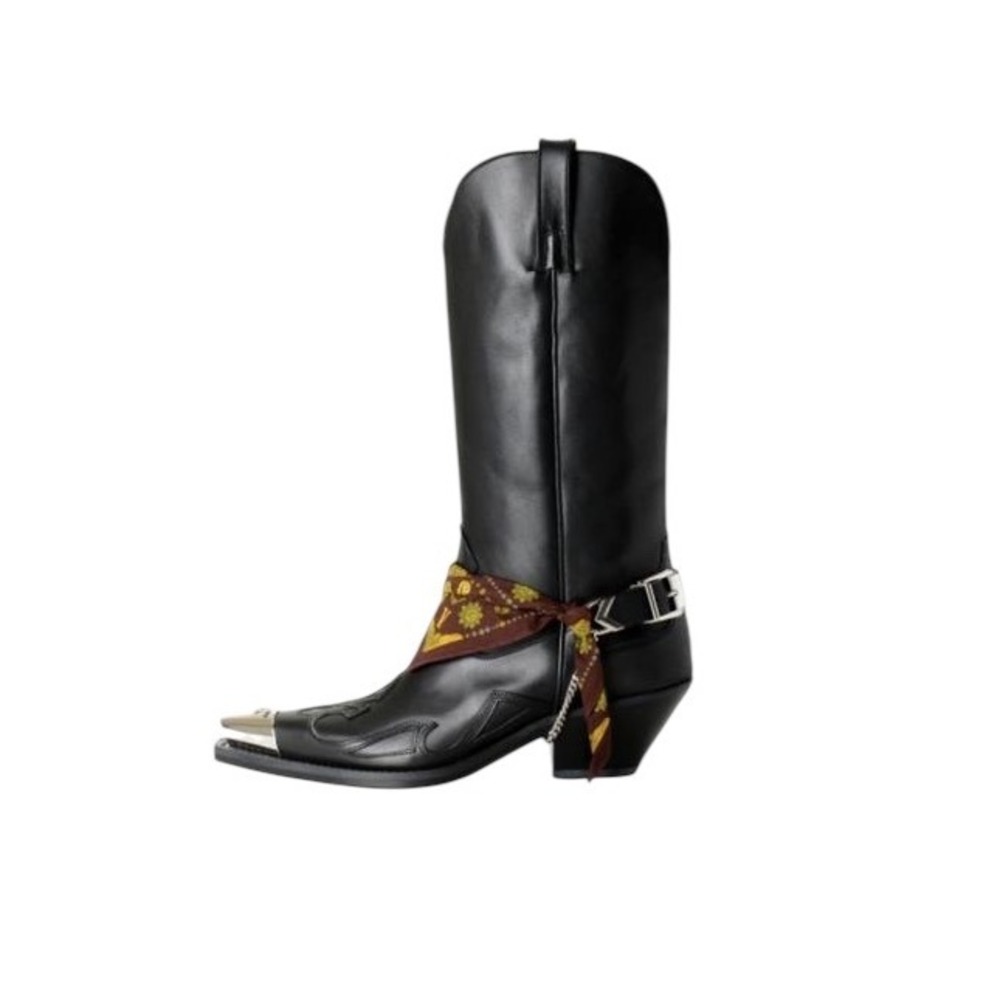 Versace Women's Black Leather Cowboy Boots Silver Toe Chain‎ Scarf EU 40 Italy
